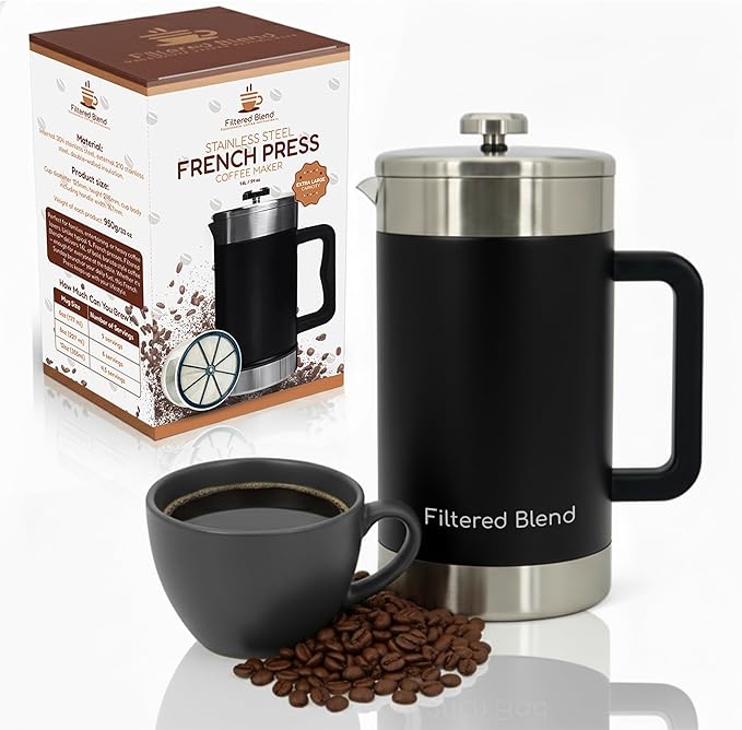 1.6L French Press Coffee Maker, 54oz Large Capacity French Press Stainless Steel Brewer with Double Filter Mesh for Kitchen Travel Camping, Hot & Cold Brew Coffee Maker Gifts (Black)