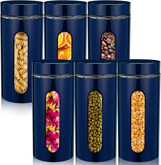 Mimorou 6 Pack Kitchen Canisters Set Airtight Coffee Sugar Tea Storage Jars with Window Glass Stainless Steel Containers with Lids for Flour Cookies Spices Grains Kitchen Decorations(Navy Blue,44 oz)