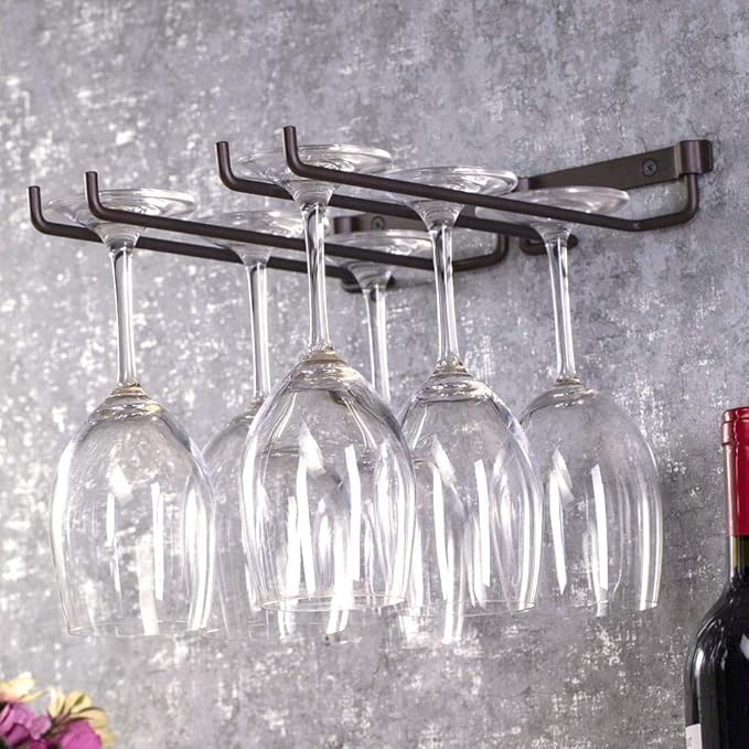 Hanging Metal Wine Cup Rack, Bar Double Stemware Glass Bottle Goblet Inverted Holder, Glass Holder Under Cabinet Kitchen Organization, Glass Holder Storage for Bar Home Kitchen Decor