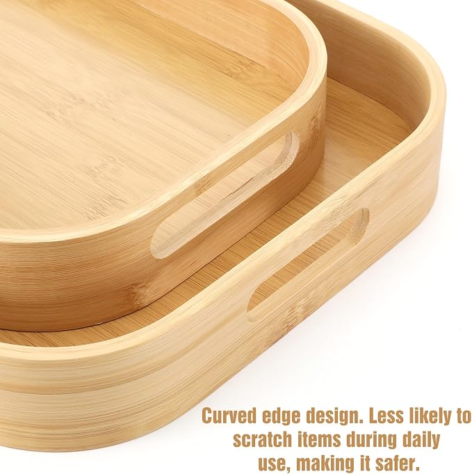 Set of 2 Bamboo Serving Trays with Handles, 2 Sizes Rectangular Solid Wooden Breakfast Trays with Arc Angles for Food, Dinner, Tea, Coffee, 15.7" L x 11" W & 13" L x 8.6" W