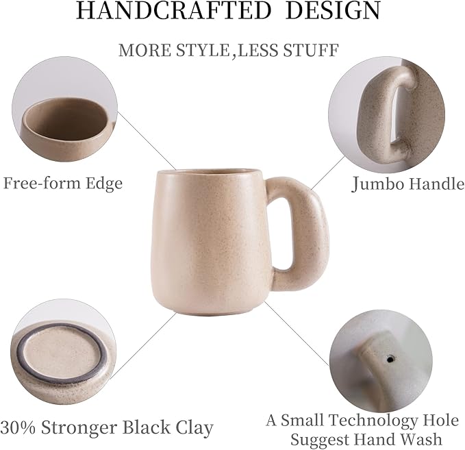 Uaral Large Coffee Mugs Cream Stoneware Mug Set with Jumbo Handle for Cocoa,Milk,Latte or Tea,Handmade Free-Form Edge Design,20oz,Set of 2, (Cream)