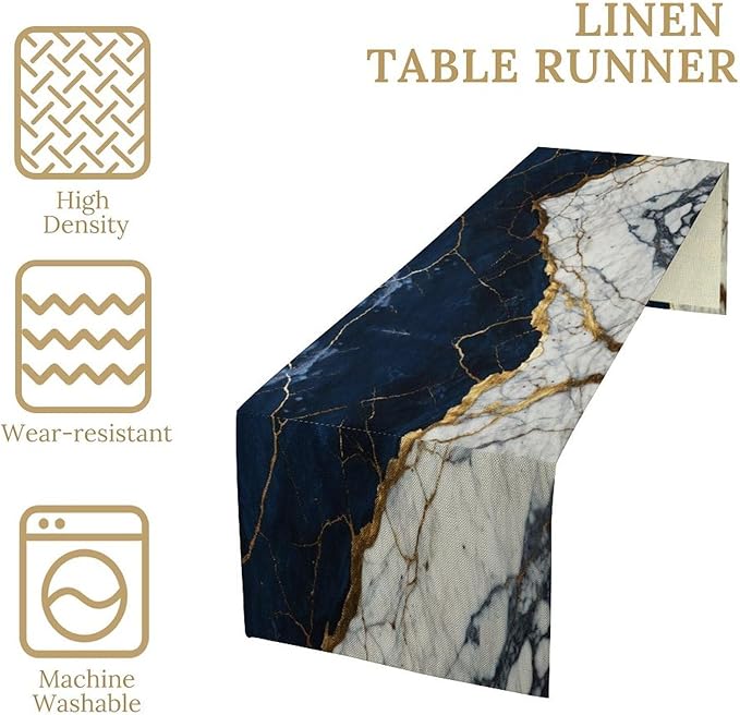 Marble Table Runner, Abstract Navy Blue White and Gold Modern Luxury Texture Printed Linen Table Runners for Living Room Kitchen Dining Room Party Holiday Home Decor 13" W x 72" L