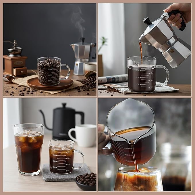 Patelai 2 Pcs 12oz/350ml Espresso Cups, Glass Measuring Cups with Double Spouts & Handle, Scale Espresso Shot Glass Milk Frothed Cup Coffee Accessories for Machines, Milk Frothed, and Bars