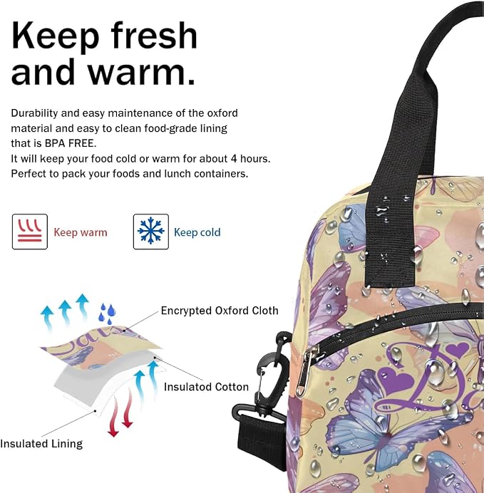 Personalized Butterfly Lunch-Bag for Women, Custom Insulated Cooler Lunch Box with Name, Leakproof-Reusable Lunch Tote Bag for Work Office Picnic - Yellow Purple
