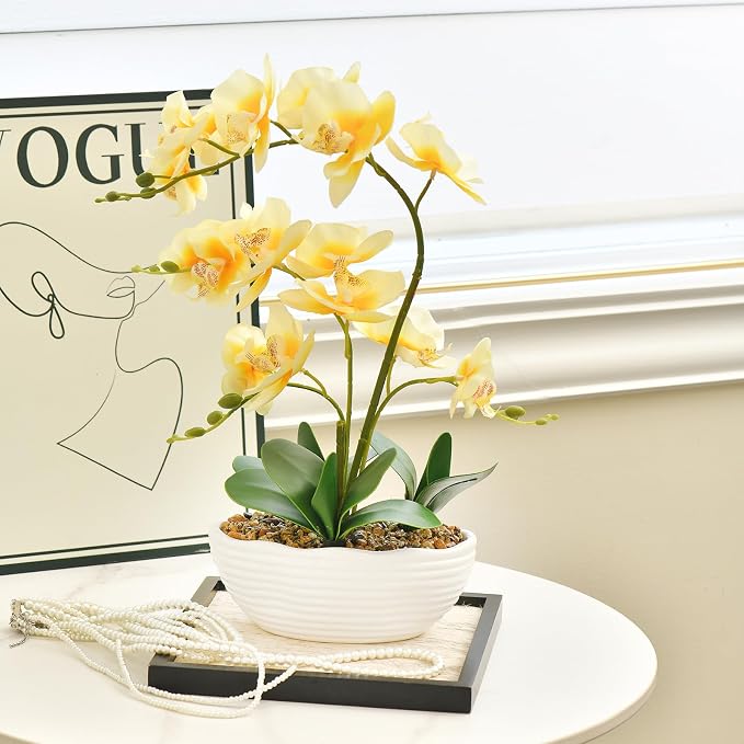 19" H Phalaenopsis Faux Orchid Plant Silk Orchid Centerpiece Artificial Floral Arrangement in Ceramic Pot (Yellow)