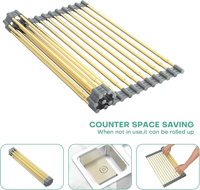Expandable Large Draining Rack, Roll Up Heat-Resistant Dish Drainer for Stainless Steel Sinks, Collapsible Over The Sink Rack Non-Slip Silicone Rolling Up Rack Gold 18 Tube