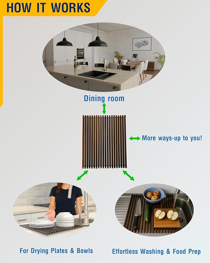 Roll Up Wooden Drying Rack Over The Sink Kitchen, Cover Sink Dry Dishes Bowl Spoon Quickly, Aesthetics and Finishes Coating, Neat Design Stain-Resistant Easy to Dry (Dark Walnut color)