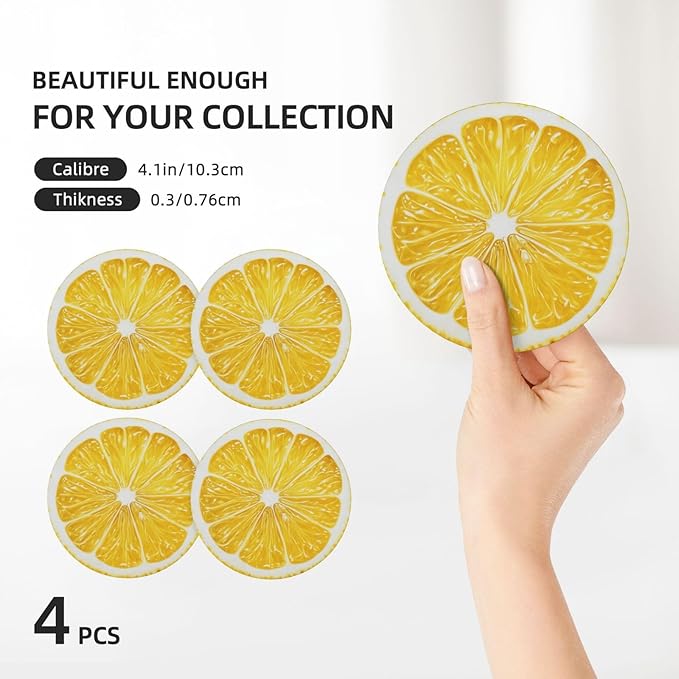 Lemon Yellow Coasters Set of 4 Absorbent Ceramic Coasters for Drinks Modern Cup Coaster with Cork Backing Cute Stone Coaster Housewarming Gifts 4.1 Inches