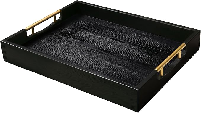 LotFancy Wood Serving Tray, 17x13”, Large Ottoman Tray with Metal Handles, Decorative Wooden Tray for Living Room, Ottoman, Coffee Table, 2 Skidproof Coasters Included, Black