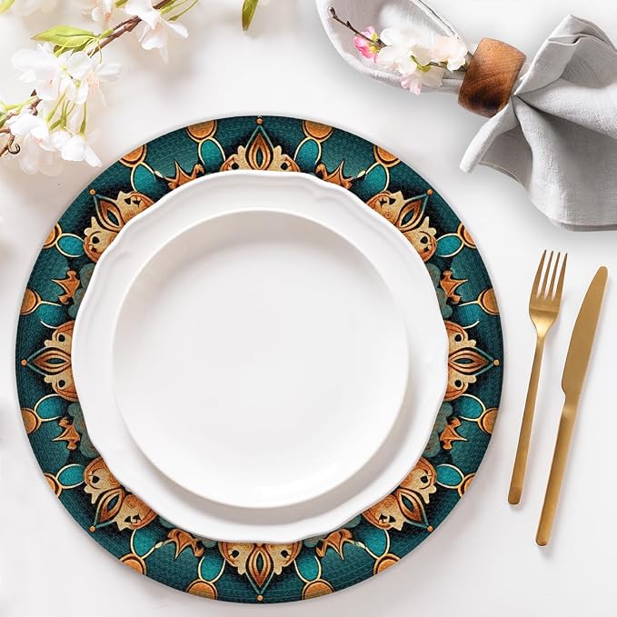 Round Placemats Set of 4, Ethnic Floral Mandala Flowers Pattern Woven Placemats Mats Non-Slip Heat Resistant Washable Table Mats Round Braided Place for Farmhouse Kitchen Dining Party Decor 15in
