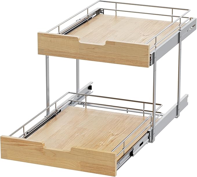 Sikarou Pull Out Cabinet Organizer,Heavy-Duty Slide Out Shelf, Wood and Wire Basket, Pull Out Drawer for for Kitchen Under Sink Space, Pantry, Bathroom, 2 Tie 26 * 21 in