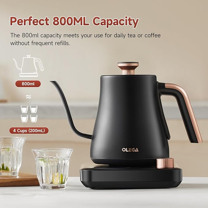 OLEGA Gooseneck Electric Kettle: 1000W Electric Kettles with Temperature Control 0.8L Stainless Steel Electric Tea Kettle Gooseneck Kettle for Coffee Tea Keep Warm (Black)