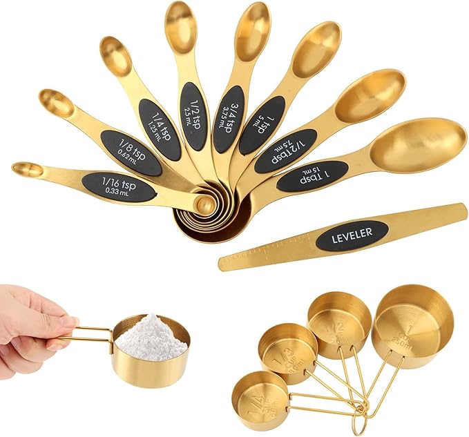13pcs Gold Stainless Steel Measuring Cups and Spoons Set, 8 Double-Sided Magnetic Measuring Spoons & 4 Metal Measure Cups & 1 Leveler for Liquid Dry Ingredients Cooking Baking(COLOR:Gold)