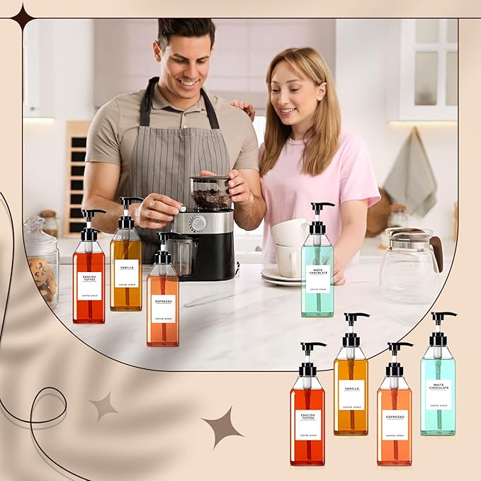 Nuogo 6 Pcs Coffee Syrup Dispenser Bottles Set 750ml, 500ml, 300ml, 150ml PET Black Syrup Bottles with Pump Dispenser 27 Labels for Coffee Bar Kitchen Accessories Portable Travel(16.9 oz,Square)