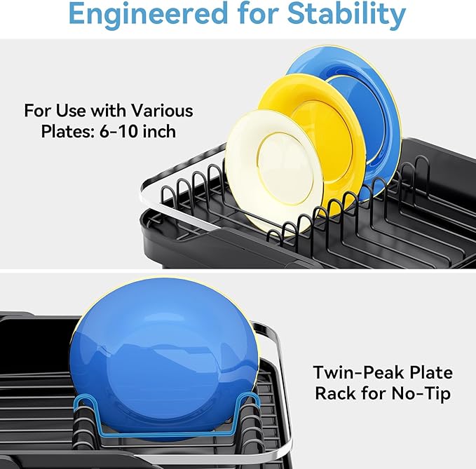 Urackify Dish Drying Rack for Kitchen Counter, Expandable Stainless Steel Dish Racks with Adjustable Water Spout, Space Saving Dish Drainer with Cutlery Holder,16.14"-23.62" L x 12.99" x 8.78",Black
