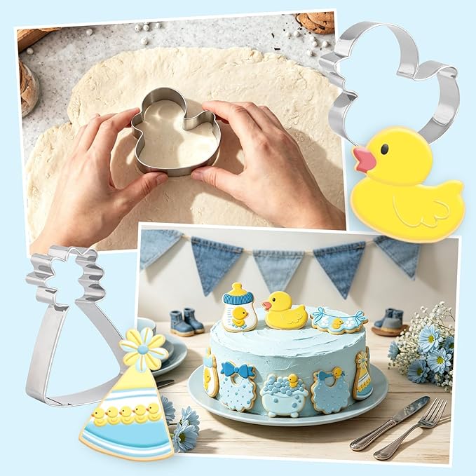 FYSUIMU 6Pcs Duck Baby Shower Cookie Cutters Cute Duck Baby Bottle & Bib Bathtub Party Hat Biscuit Cutter Stainless Steel Cookie Cutting Molds for Birthday Gender Reveal