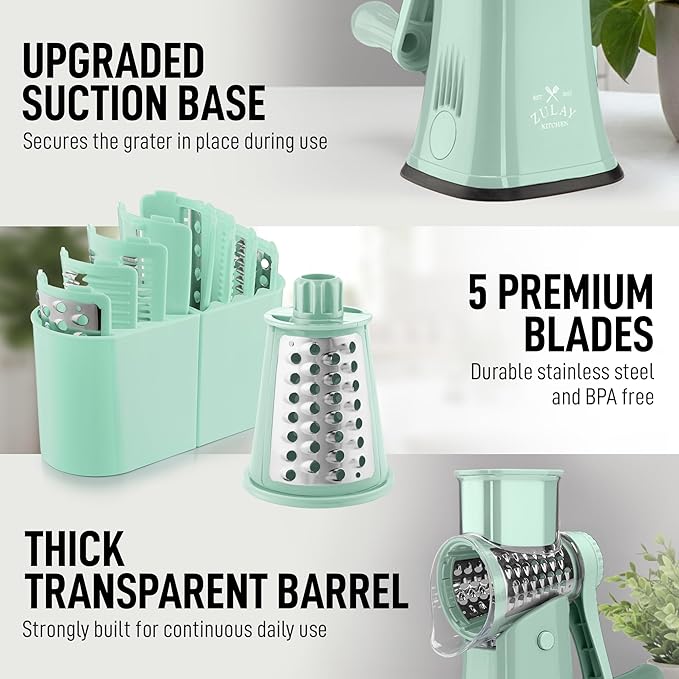 Zulay Kitchen Rotary Cheese Grater 5 Blade Cheese Shredder - Manual Hand Crank Cheese Grater With Reinforced Suction & 5 Interchangeable Drums - Easy to Use, Vegetable Chopper Round Mandoline Slicer