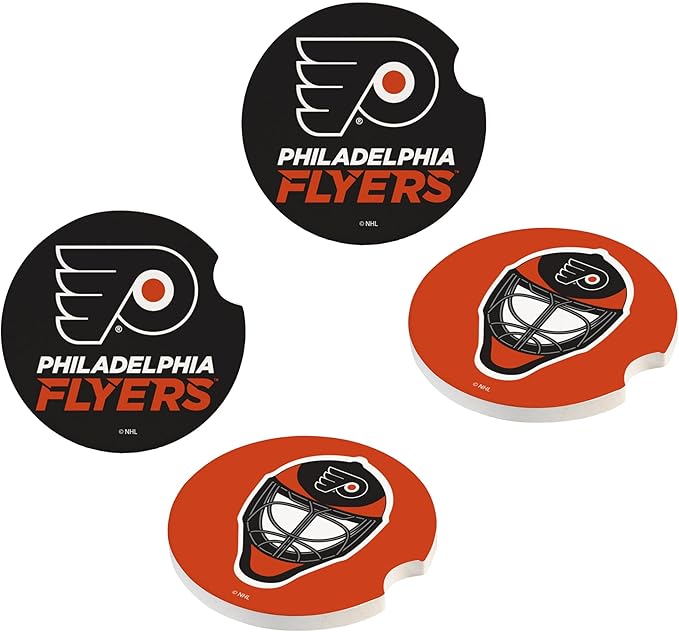 NHL Philadelphia Flyers Car Coaster Set, 4pcs(2-Pack of 2), Absorbent Ceramic Stone Cup Holder Inserts, Removable Drink Mats for Cars, SUVs, and Trucks, Hockey Auto Accessories