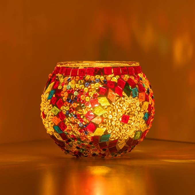 KAFTHAN Mosaic Glass Large Single Candle Holder - Round Bowl, Plant Pot, Votive Candle Holder - Decorative Vase & Unique Centerpiece for Wedding, Ball & Home - (3.7" x 3.5", Multicolor Star Circle)