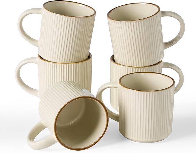 famiware Coffee Mug Set for 6, Star 12 oz Catering Mugs Cup Set with Handle for Coffee, Tea, Cocoa, Milk - Ceramic Stoneware Drinkware Set, Vanilla White