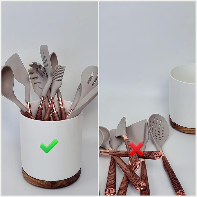 White Large Capacity Ceramic Utensils Holders Acacia wood rotatable base kitchen utensil crocks Countertop Multi-Purpose Organizer