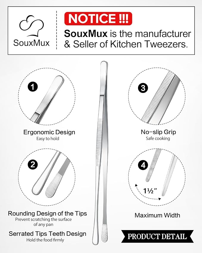 2 Pcs 10-inch Cooking Tweezers Tongs Precision Serrated Tips, Stainless Steel Professional Chef Tweezer Kitchen Tools for BBQ, Plating and Serving (Silver)