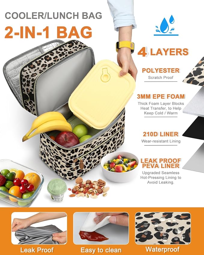 Capolo Lunch Box for Women Men Adults,Double Deck Insulated Lunch Bag Leakproof Lunch Cooler Box with Removable Strap Lunch Tote Bags Reusable Thermal Lunchbox for Work Picnic(Large,Leopard)