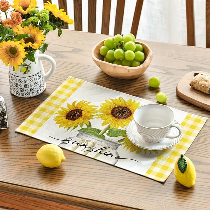 Artoid Mode Yellow Buffalo Plaid Sunflower Sunshine Vase Summer Placemats Set of 4, 12x18 Inch Spring Table Mats for Party Kitchen Dining Decoration