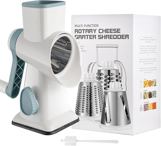 Cheese Grater Hand Crank Rotary Vegetables Shredder with Handle, 3-in-1 Graters with Interchangeable Blades and Non-slip Base Multifunctional Slicer for Kitchen
