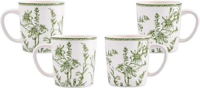 Bico Green Garden Toile De Jouy Ceramic Coffee Mugs Set of 4, 18 oz Large Tea Cups with Handle, Aesthetic Latte Mugs for Cappuccino Cocoa, Lead-Free, Dishwasher and Microwave Safe, Housewarming Gift