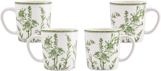 Bico Green Garden Toile De Jouy Ceramic Coffee Mugs Set of 4, 18 oz Large Tea Cups with Handle, Aesthetic Latte Mugs for Cappuccino Cocoa, Lead-Free, Dishwasher and Microwave Safe, Housewarming Gift