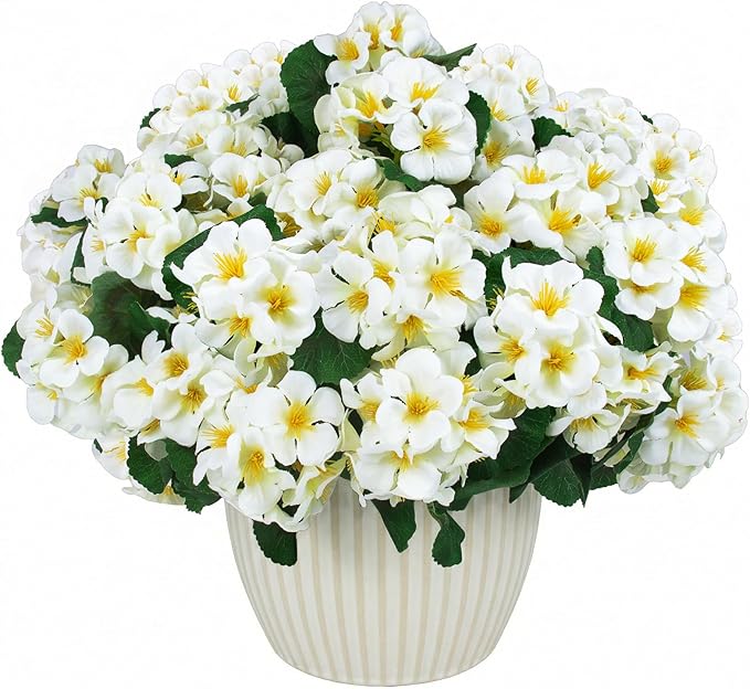 Hananona 6 Pcs Artificial Geranium Flowers for Outdoors Geranium Silk Flowers Outdoor UV Resistant Garden Plants Faux Flowers for Home Kitchen Table Centerpieces Decor (6, Snow White)