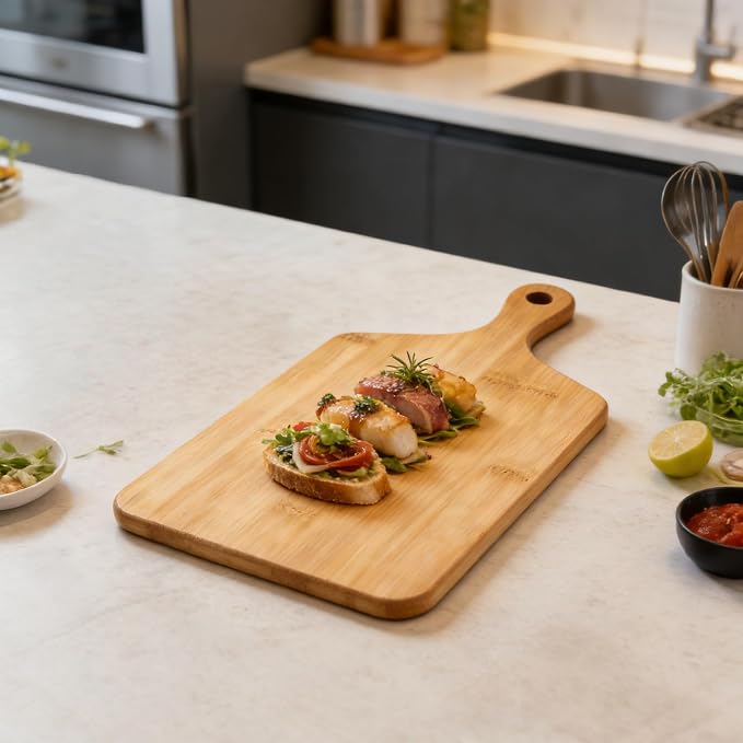 Small Bamboo Cutting Board for Kitchen (13'' x 6.5''), Wooden Cutting Board with Handle, Charcuterie Board, Cheese Board, Decorative Wooden Serving Board