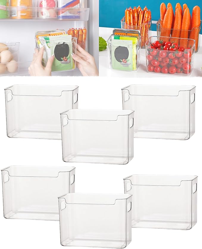 Clear Crystal Freezer Storage Bins - S/L Plastic Storage Bins for Refrigerator and Pantry, Stackable Kitchen Cabinet Organizer with Handles for Frozen Food, Meat & Veggies (6PCS L)