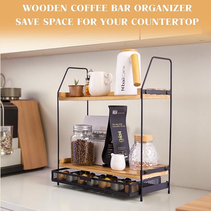 Coffee Bar Organizer - 2 Tier Wooden Station for Coffee Bar Accessories, Essentials, and Decor, for K Cup, Nespresso Pods, Coffee Pod Holder for Kitchen Countertop