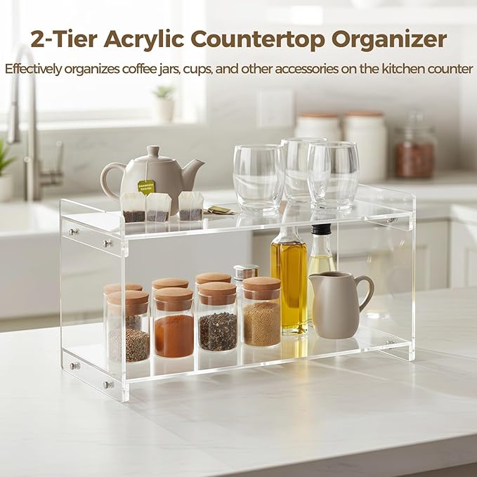 2 Tier Acrylic Countertop Organizer for Coffee Bar & Matcha Station, Clear Coffee Shelf for Countertop Use, Open Kitchen Spice Rack Organizer with Transparent Storage for Mugs, Jars and Accessories