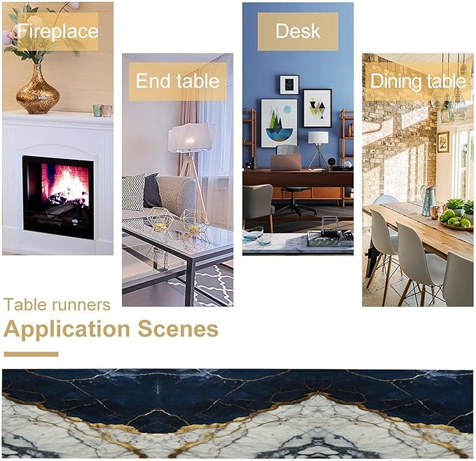 Marble Table Runner, Abstract Navy Blue White and Gold Modern Luxury Texture Printed Linen Table Runners for Living Room Kitchen Dining Room Party Holiday Home Decor 13" W x 72" L