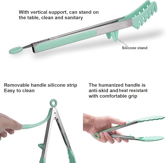 4in1 Stainless Steel Kitchen Food Tongs Set for Cooking with BPA Free Silicone Tips, Toaster Steak Pie Pizza Pasta Spaghetti Noodles Salad Fruit Vegetable Grill BBQ Buffet Clamp Serving Tools Gadgets