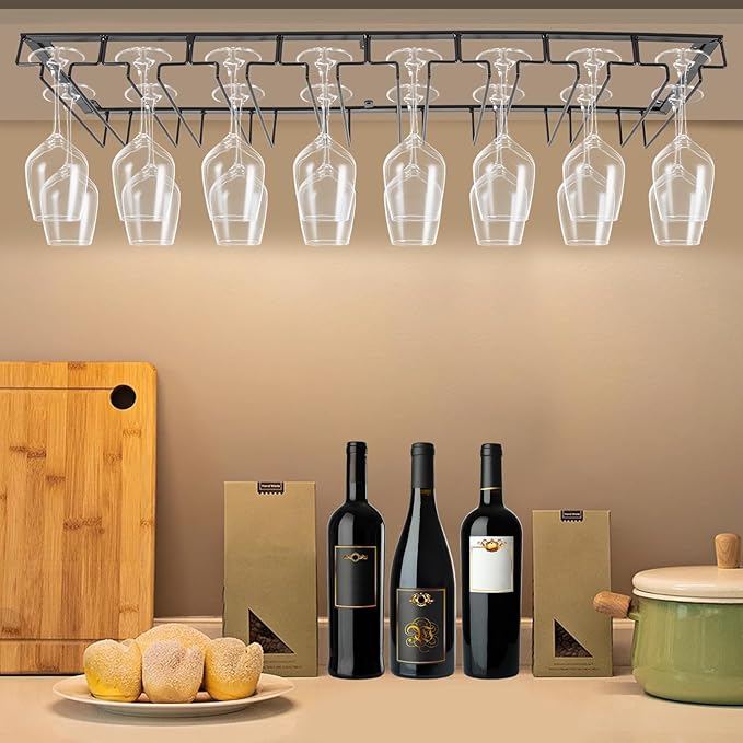 Under Cabinet Wine Glass Rack, 8 Row Large Capacity Metal Stemware Hanger, Hanging Glasses Storage Holder, Upside Down Stemware Organizer for Kitchen Bar Cabinet