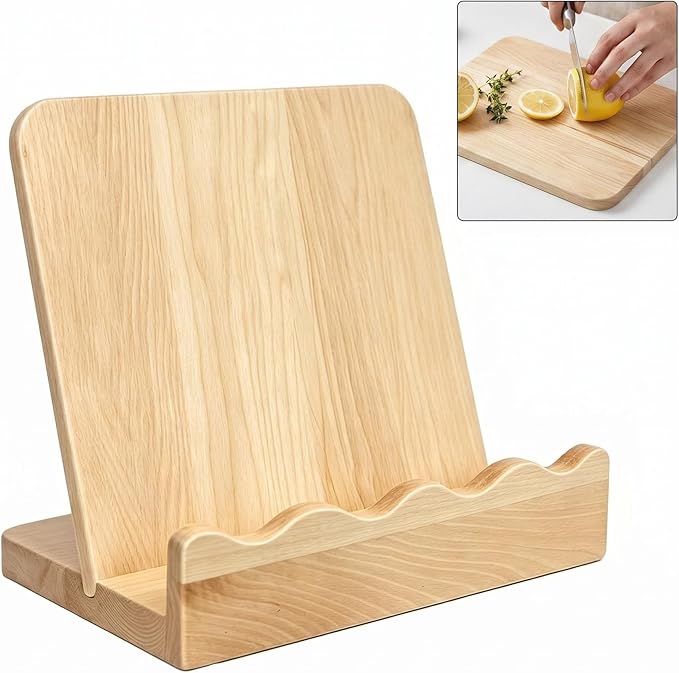 2-in-1 Wooden Cookbook Stand & Cutting Board, Maple Kitchen Decor | Type: Cookbook Stand + Removable Cutting Board | Material: Solid Maple Wood | Design: Scalloped Edge, Artistic Flair |