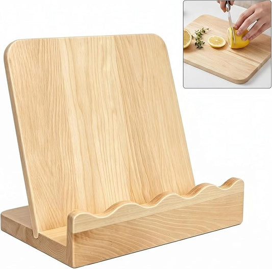 2-in-1 Wooden Cookbook Stand & Cutting Board, Maple Kitchen Decor | Type: Cookbook Stand + Removable Cutting Board | Material: Solid Maple Wood | Design: Scalloped Edge, Artistic Flair |