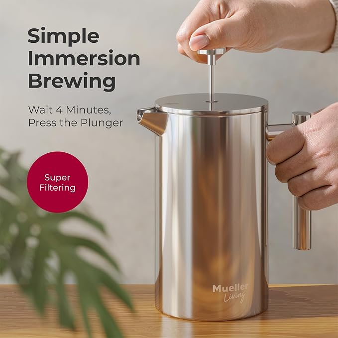 MuellerLiving French Press Coffee Maker 34oz, Stainless Steel French Press Coffee, 4 Filter Heat Resistant Double Insulated, Rust-Free, Food Grade, Dishwasher Safe Coffee Pot | 34oz | Stainless Steel | 4 Filter Heat Resistant Double Insulated | Rust-Fr...