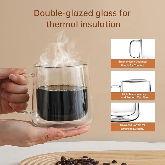 Aurzen 13oz Glass Coffee Mugs,Double Wall Insulated Glass Cups with Handle,Clear Espresso Mugs for Latte,Cappuccino,Tea Bag (4, 13oz)