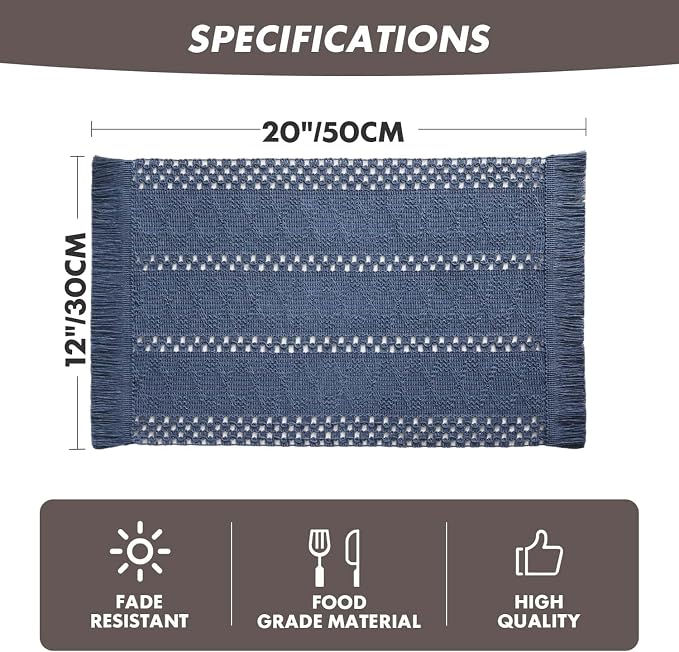 ZeeMart Macrame Style Boho Placemats Set of 6, Dusty Blue 12x20 Inch | Decorative Farmhouse Table Mats, Natural Cotton Woven Place Mats, Bohemian Home Decor for Kitchen Dining Table