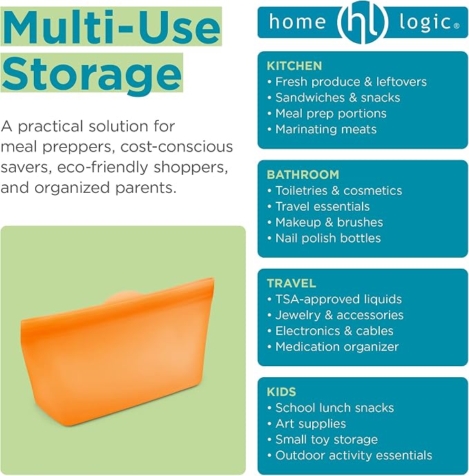Home Logic Reusable Quart Bags - Set of 4 Firecracker Orange Silicone Freezer Bags, Airtight Leak Resistant Reusable Zip Bags for Kitchen Home Food Prep, Microwave & Sous Vide Safe