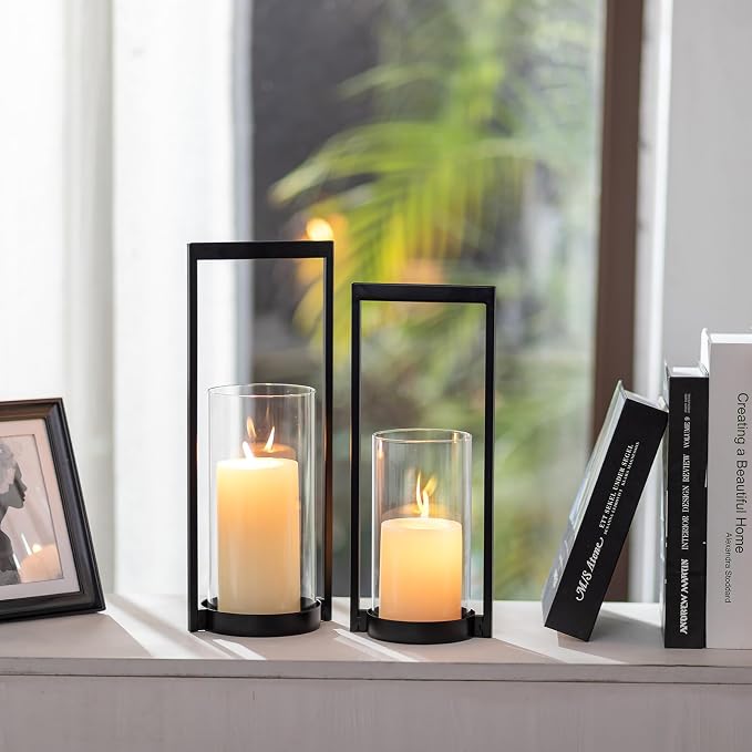 Sziqiqi Hurricane Candle Holder for Pillar: Black Modern Candle Holders for Table Centerpiece - Geometric Candle Stand Set of 2 with Glass for Living Room Fireplace Christmas Decor