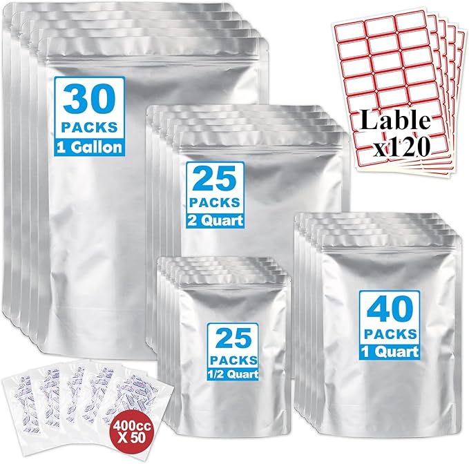 120PCS 4Size Mylar Bags for Food Storage with Oxygen Absorbers&Labels,10Mil Thick Resealable Zipper&Heat Seal Stand Up Pouches for Packaging Long Term,Dried Food