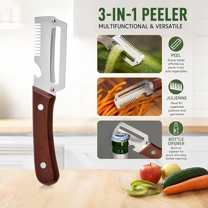 3-in-1 Vegetable Peeler with Scallion Shredder & Bottle Opener – Wide Stainless Steel Blade, Wooden Handle Julienne Cutter, Multi-Functional Kitchen Gadget for Home, Camping, Travel