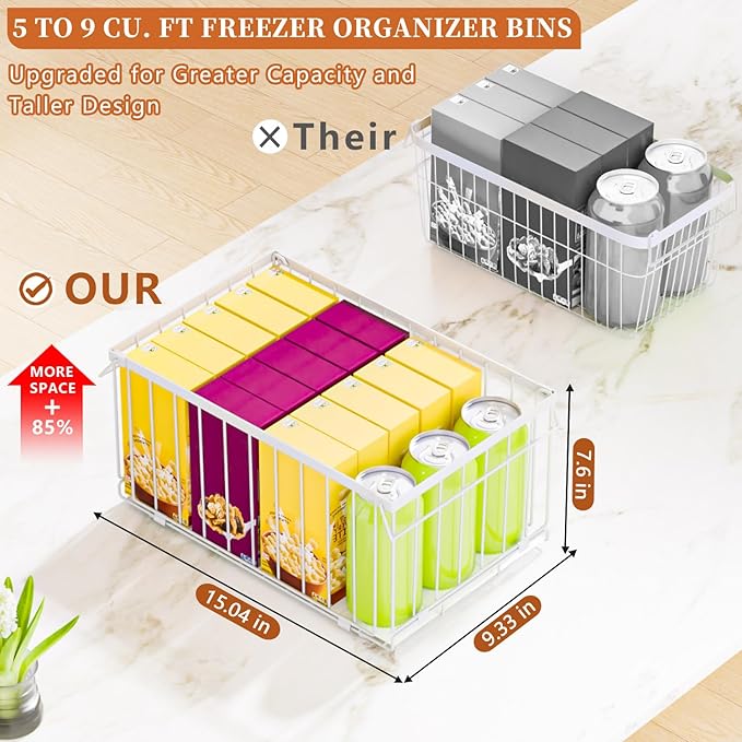 Large Freezer Organizer Bins, Upgrade One-Touch Open/Close, for 5-9 Cu.Ft Deep Freezer, 4 Pack Stackable Deep Freezer Organizer Bins, Black Wire Foldable Baskets White 4 Pack