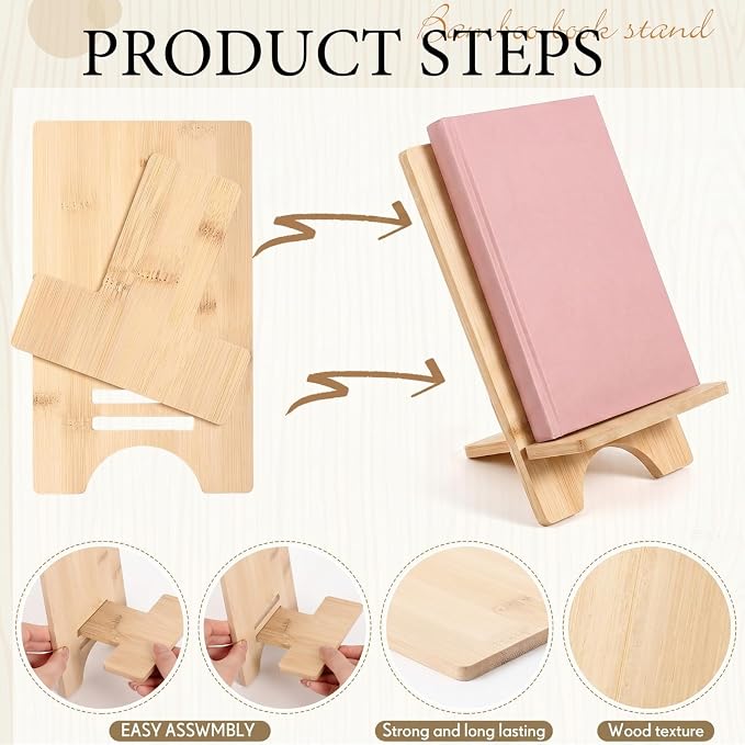 Novabright 6 Pack Adjustable Bamboo Cookbook Stand for Kitchen Counter 8 x 5 Inch Wooden Cookbook Holder for Recipe Book, Tablet, Reading, Desk Magazine Display Rack for Home Office Kitchen